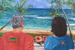 Painting of a man and woman looking at the beach